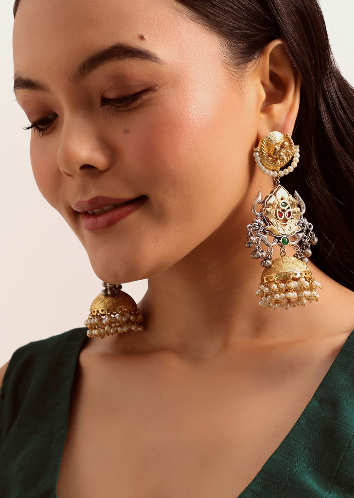 Gold And White Oxidised Tribal Design Jhumkas In Mix Metal