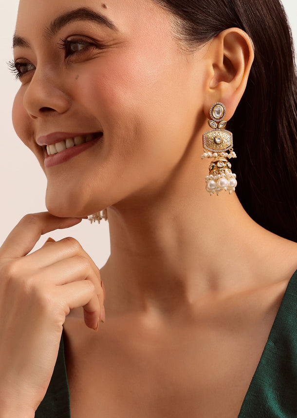 Gold And White Pearl Kundan Dangler Earrings In Mix Metal