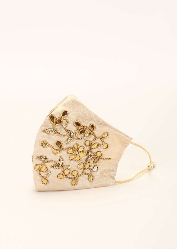 Gold Beige Mask In Satin Silk With Gotta Patti And Zardosi Embroidered Floral Design