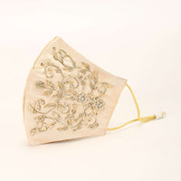 Gold Beige Mask In Satin Silk With Moti And Zardosi Embroidered Design All Over