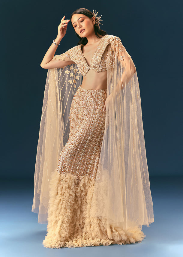 Gold Beige Mermaid Lehenga Set With Frills