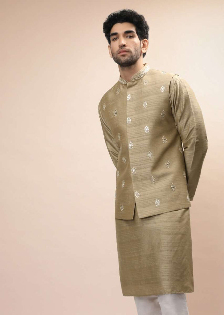 Gold Beige Nehru Jacket And Kurta Set With Resham And Mirror Embroidered Buttis