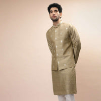 Gold Beige Nehru Jacket And Kurta Set With Resham And Mirror Embroidered Buttis