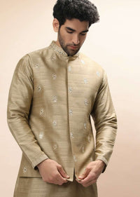 Gold Beige Nehru Jacket And Kurta Set With Resham And Mirror Embroidered Buttis