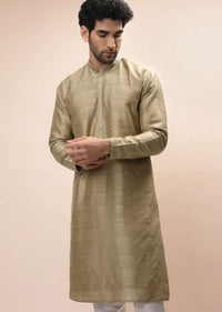 Gold Beige Nehru Jacket And Kurta Set With Resham And Mirror Embroidered Buttis