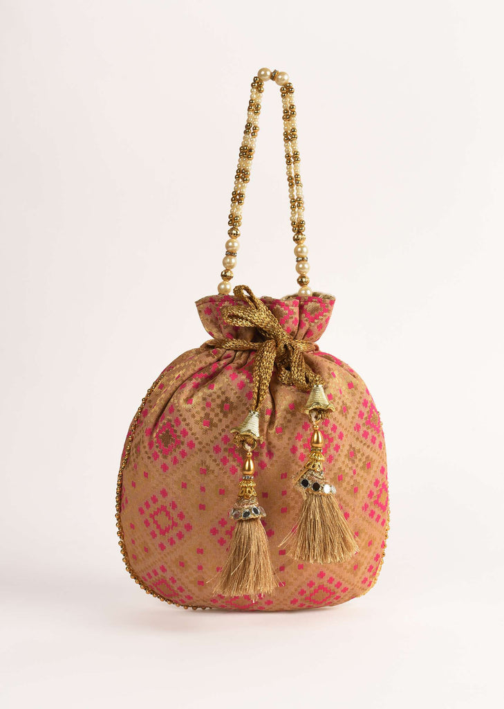 Gold Beige Potli Bag In Brocade Silk With Pink Geometric Jaal Design Online - Kalki Fashion