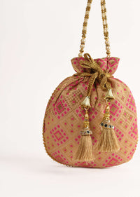 Gold Beige Potli Bag In Brocade Silk With Pink Geometric Jaal Design Online - Kalki Fashion