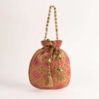 Gold Beige Potli Bag In Brocade Silk With Pink Geometric Jaal Design Online - Kalki Fashion