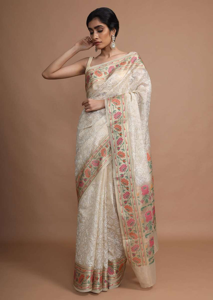 Gold Beige Saree In Zari Kota Silk With Hand Embroidered Floral Jaal Using Resham Threads