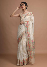 Gold Beige Saree In Zari Kota Silk With Hand Embroidered Floral Jaal Using Resham Threads