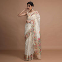 Gold Beige Saree In Zari Kota Silk With Hand Embroidered Floral Jaal Using Resham Threads