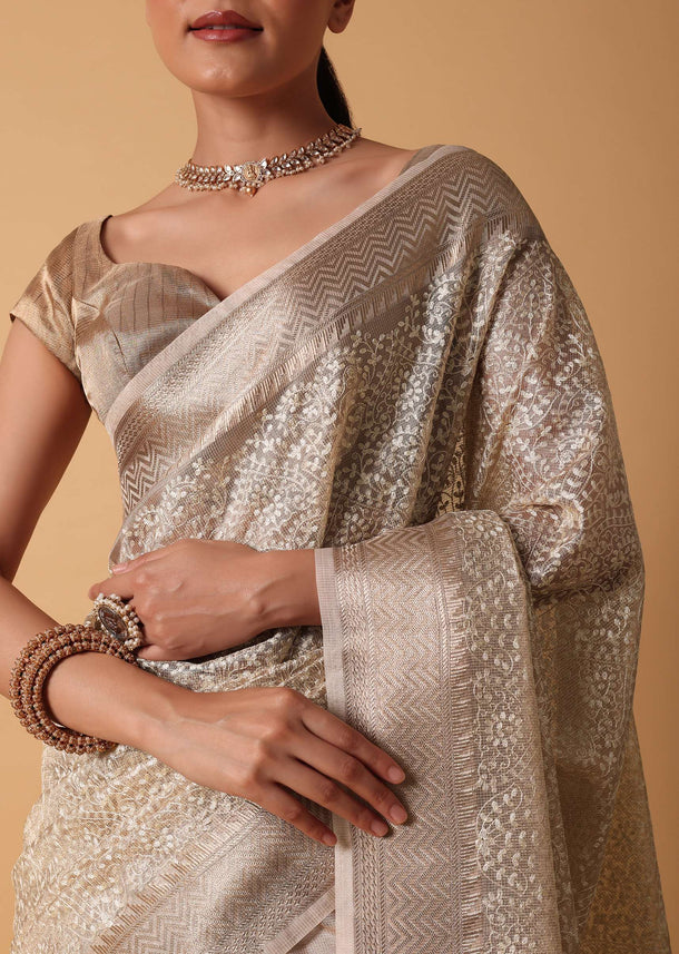 Gold Chanderi Kora Silk Saree With Zari Work Pallu And Unstitched Blouse Piece
