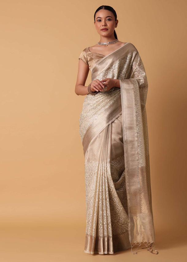 Gold Chanderi Kora Silk Saree With Zari Work Pallu And Unstitched Blouse Piece