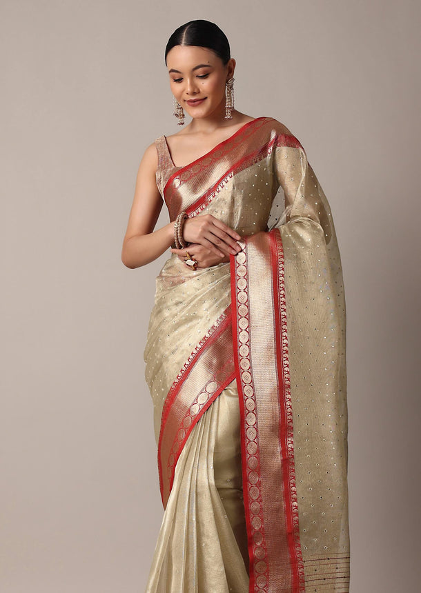 Gold Chanderi Kota Silk Woven Saree With Mirror Work And Unstitched Blouse Piece
