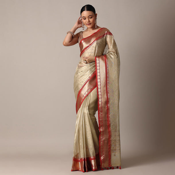 Gold Chanderi Kota Silk Woven Saree With Mirror Work And Unstitched Blouse Piece