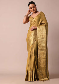 Gold Cotton Linen Saree With Zari Border And Unstitched Blouse Piece
