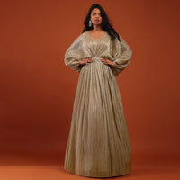 Gold Crushed Kaftan Gown With An Embellished Waistbelt