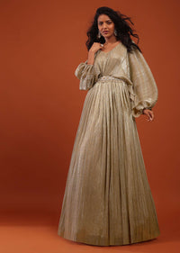 Gold Crushed Kaftan Gown With An Embellished Waistbelt