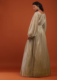 Gold Crushed Kaftan Gown With An Embellished Waistbelt