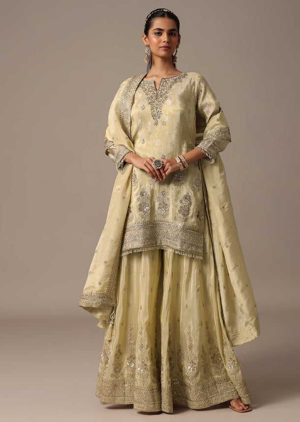 Gold Embroidered Kurta Palazzo Set With Dupatta