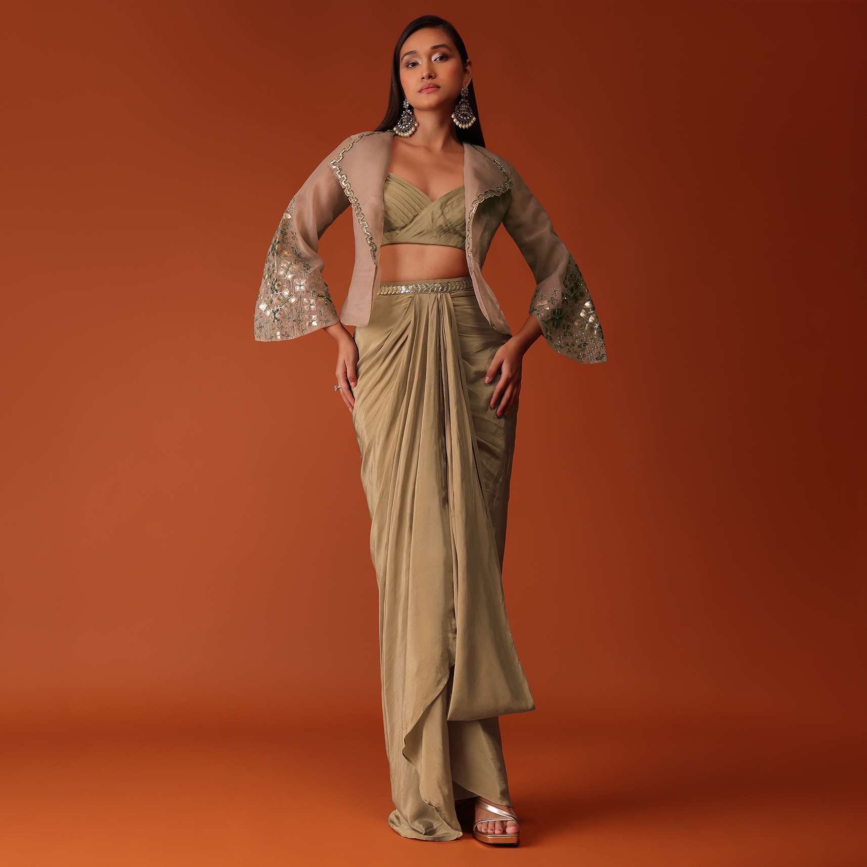 Gold Festive Dhoti Suit Set In Crepe With Foil Embroidery