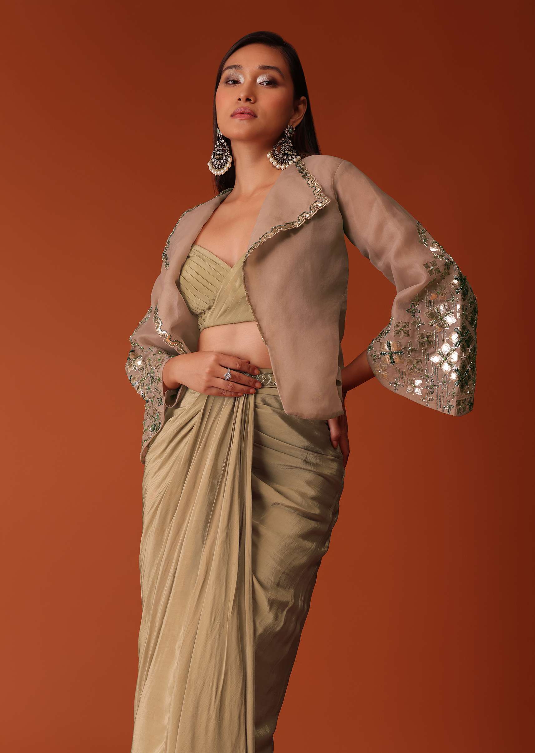 Gold Festive Dhoti Suit Set In Crepe With Foil Embroidery