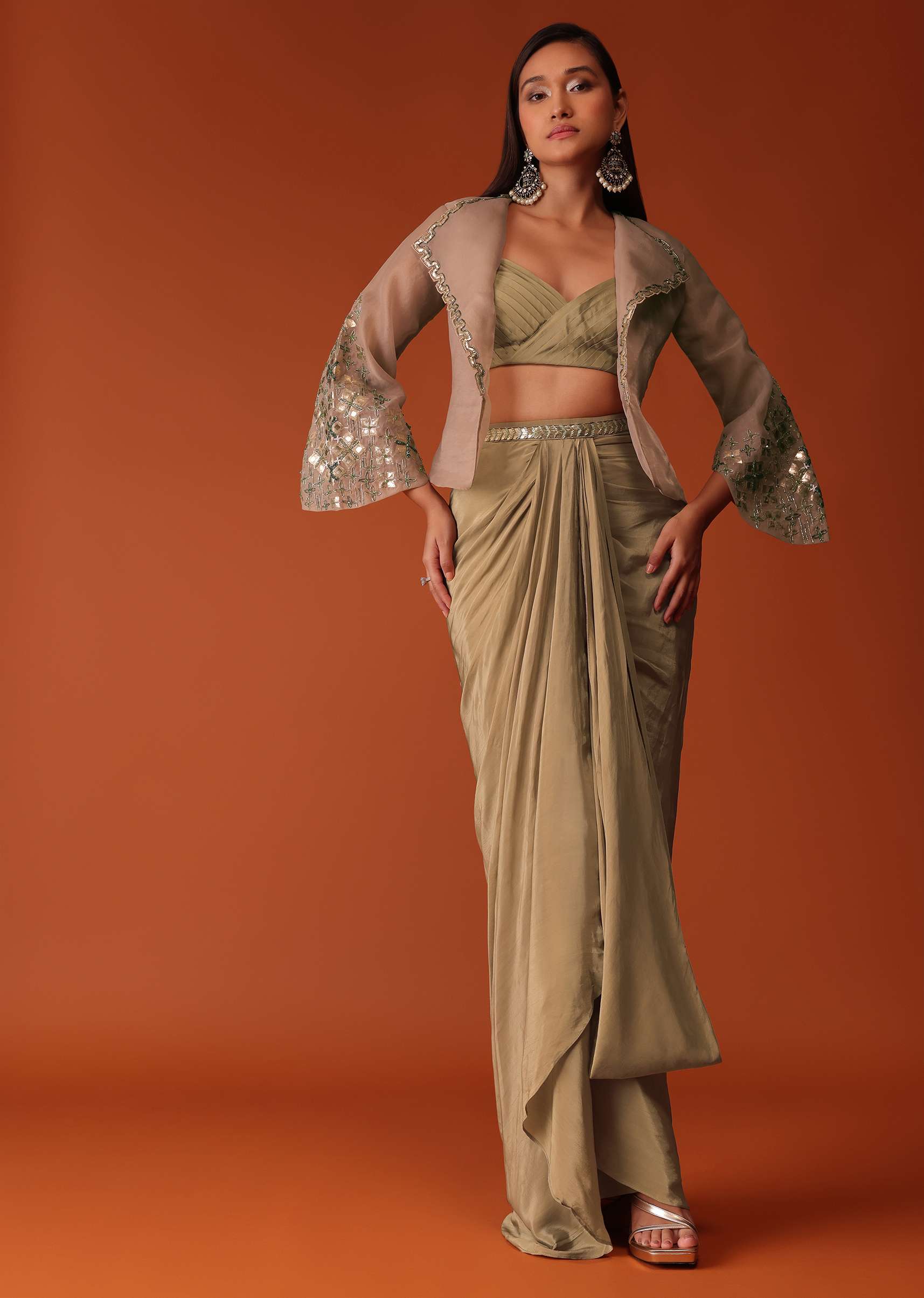 Gold Festive Dhoti Suit Set In Crepe With Foil Embroidery