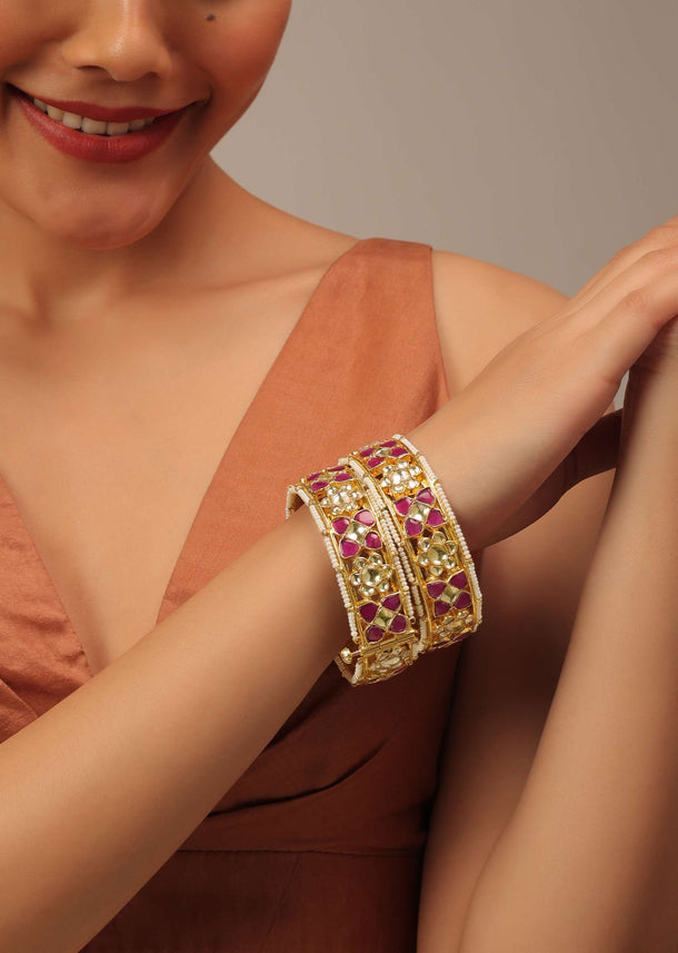 Gold Fineshed Kundan Polki Bangles In Ruby Red And WhiteTone