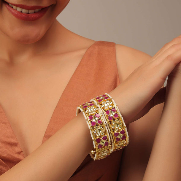 Gold Fineshed Kundan Polki Bangles In Ruby Red And WhiteTone