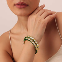 Gold Finish Bangle With Studded Kundan And Green Meenakari Set of 2