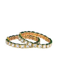 Gold Finish Bangle With Studded Kundan And Green Meenakari Set of 2