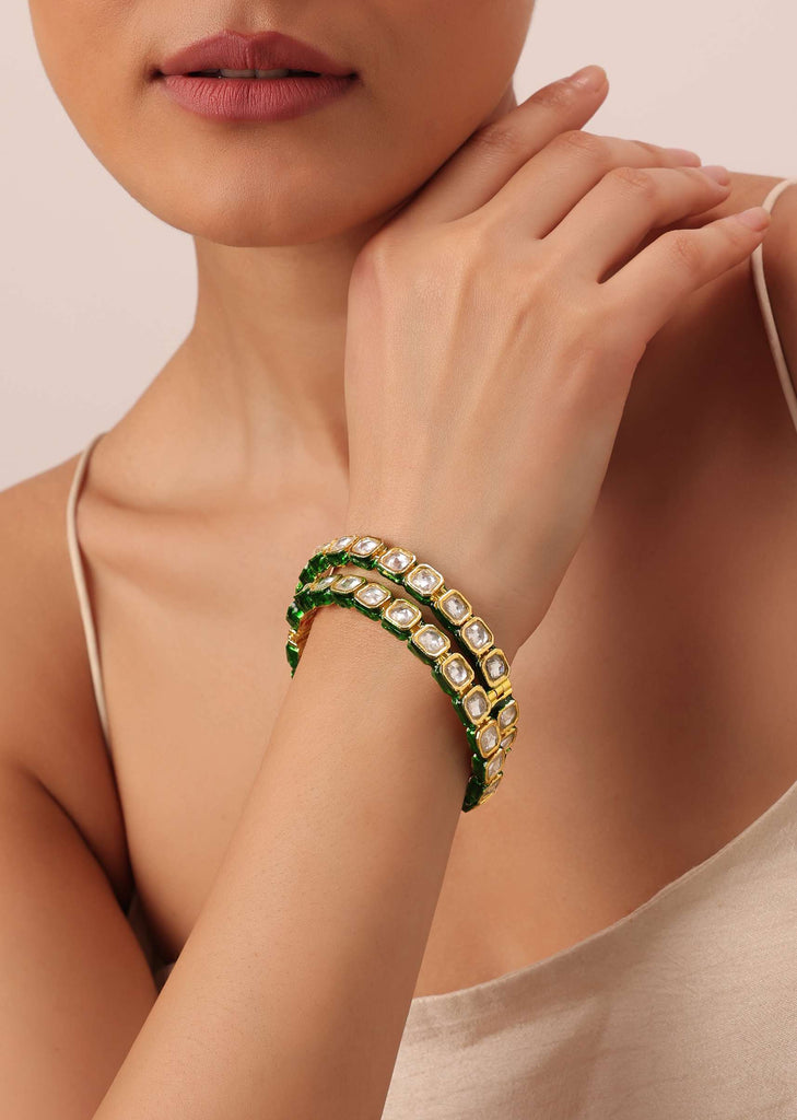 Gold Finish Bangle With Studded Kundan And Green Meenakari Set of 2