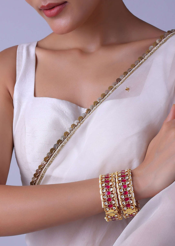 Gold Finish Bangles Embedded With Pearls And Red Meenakari Work (Set of 2)