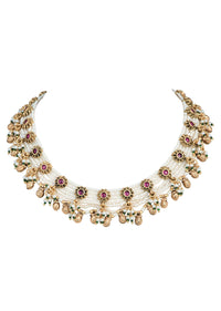Gold Finish Beaded Temple Necklace With Pearl Drop Jhumkas