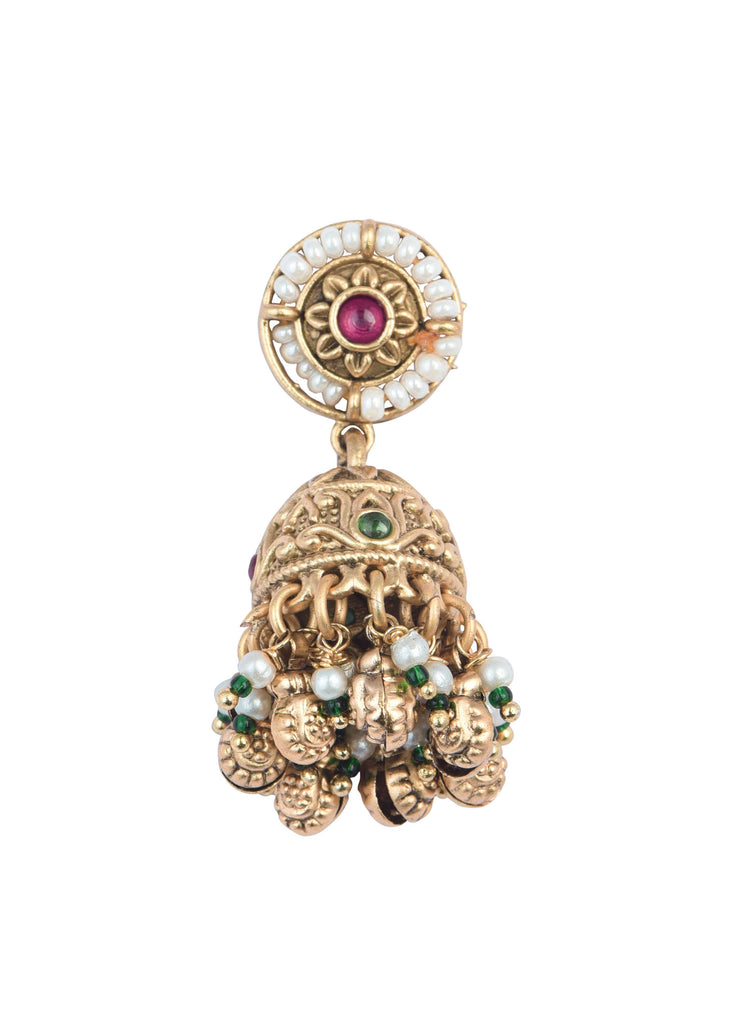 Gold Finish Beaded Temple Necklace With Pearl Drop Jhumkas