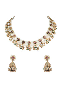 Gold Finish Beaded Temple Necklace With Pearl Drop Jhumkas
