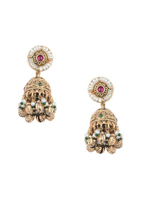 Gold Finish Beaded Temple Necklace With Pearl Drop Jhumkas