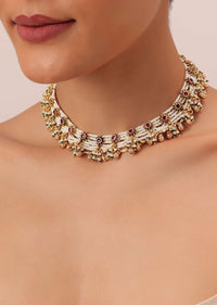 Gold Finish Beaded Temple Necklace With Pearl Drop Jhumkas