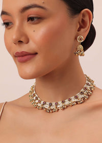 Gold Finish Beaded Temple Necklace With Pearl Drop Jhumkas
