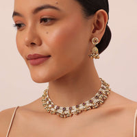 Gold Finish Beaded Temple Necklace With Pearl Drop Jhumkas
