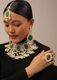 Gold Finish Carved Emerald Green Kundan Polki Bridal Choker Set