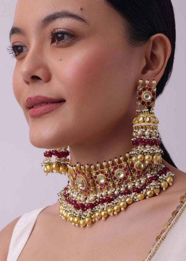 Gold Finish Choker Set With Red Meenakari In Mix Metal