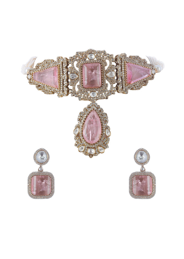 Gold Finish Choker Set With Pink Polki Stone Work In Mix Metal