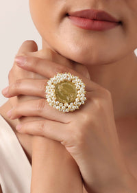 Gold Finish Coin Shaped Ring With Pearls