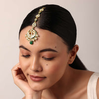 Gold Finish Crescent Mangtikka With Pearl And Green Drops