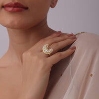 Gold Finish Crescent Shaped Kundan Studded Ring