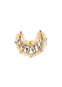 Gold Finish Crescent Shaped Kundan Studded Ring