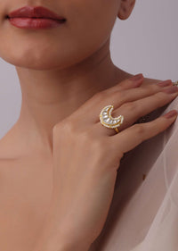 Gold Finish Crescent Shaped Kundan Studded Ring