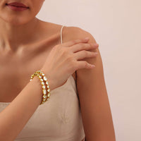 Gold Finish Dainty Bangle With Studded Kundan And Geometric Motifs Set of 2