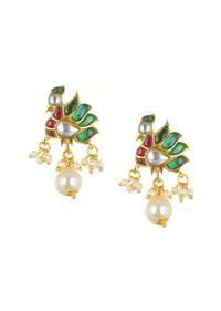 Gold Finish Danglers With Pearls And Multicolor Meenakari Work